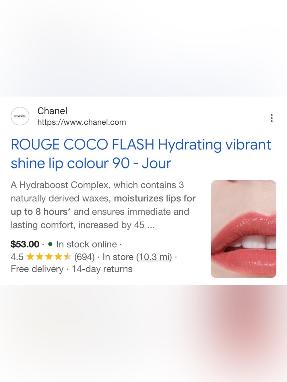 $53 Chanel Rouge Coco Flash Hydrating Vibrant Shine Lip Colour 90 Jour - Pink